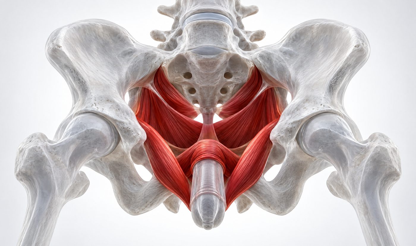 3D render of the male pelvic floor muscles highlighted in red