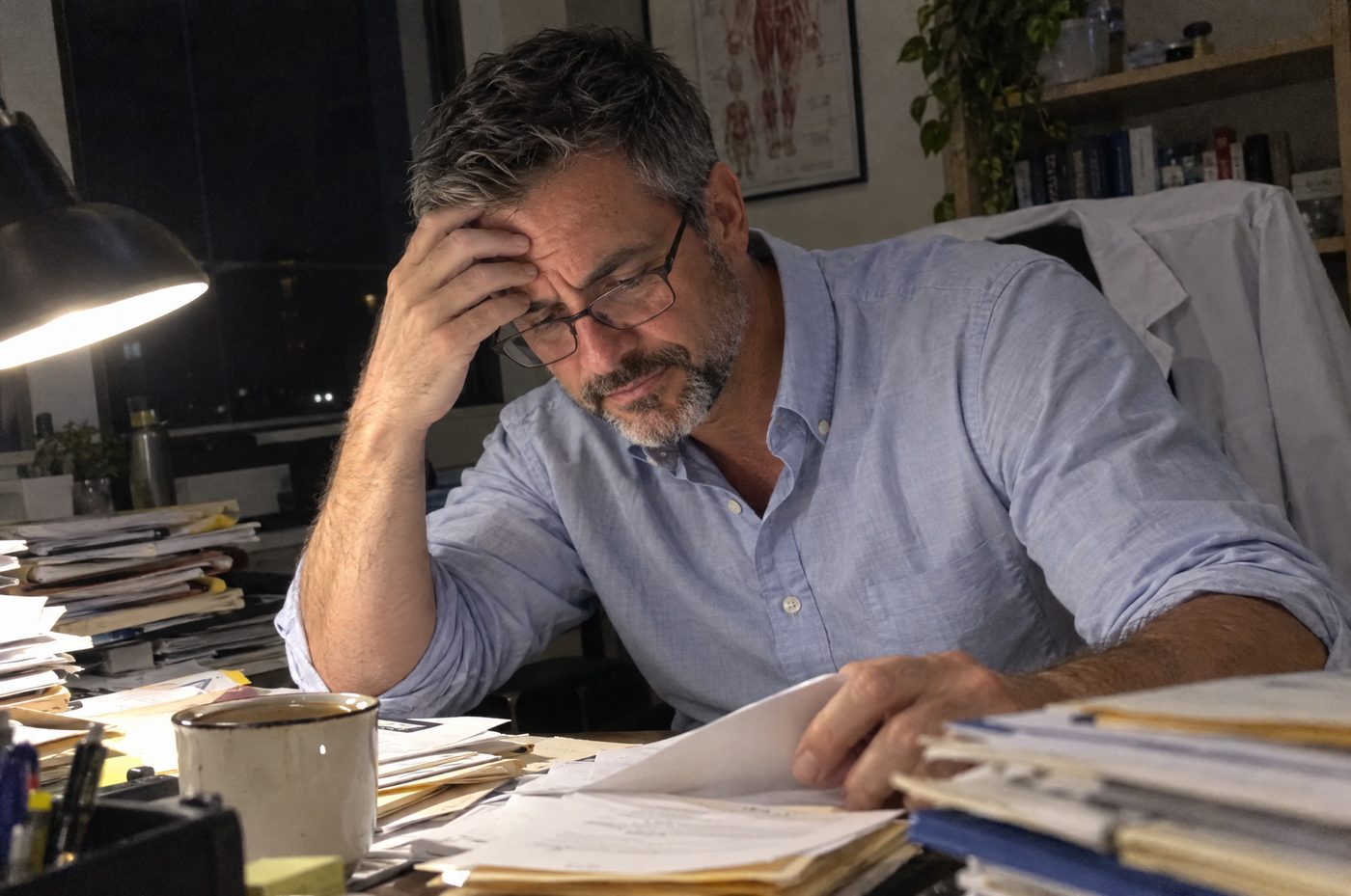 Dr. Mercer at his desk late at night surrounded by patient files