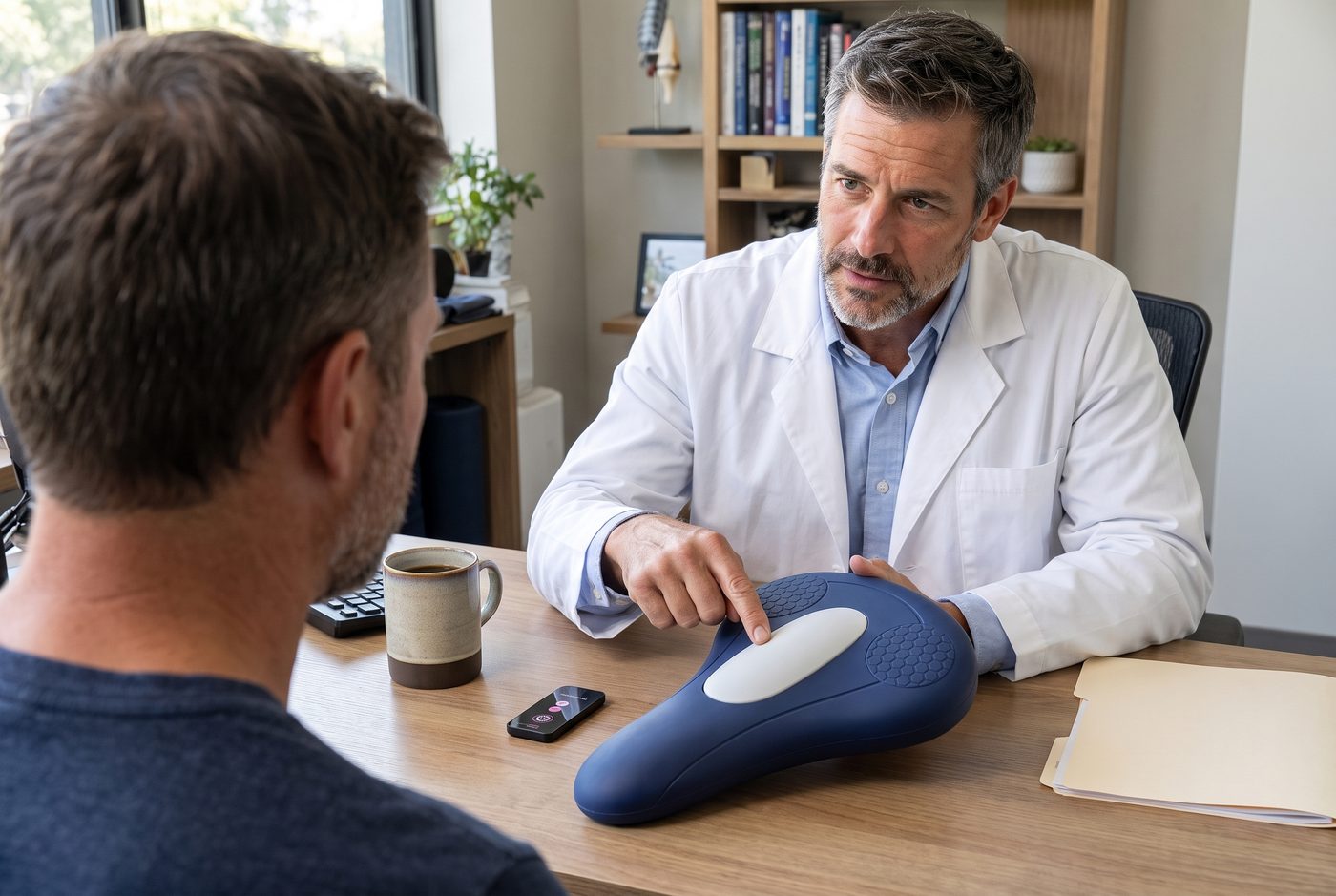 Dr. Mercer showing a patient the Kegl trainer in his clinic
