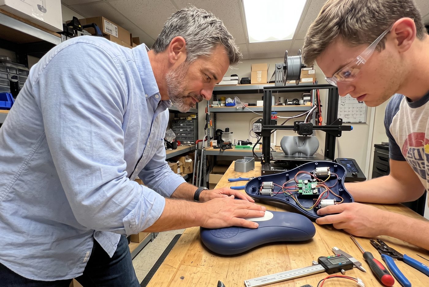 Dr. Mercer and an engineer testing prototype pelvic trainer seats in a workshop