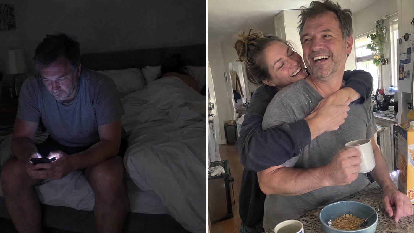 A man sitting on the edge of the bed at night, and the same couple laughing the next morning