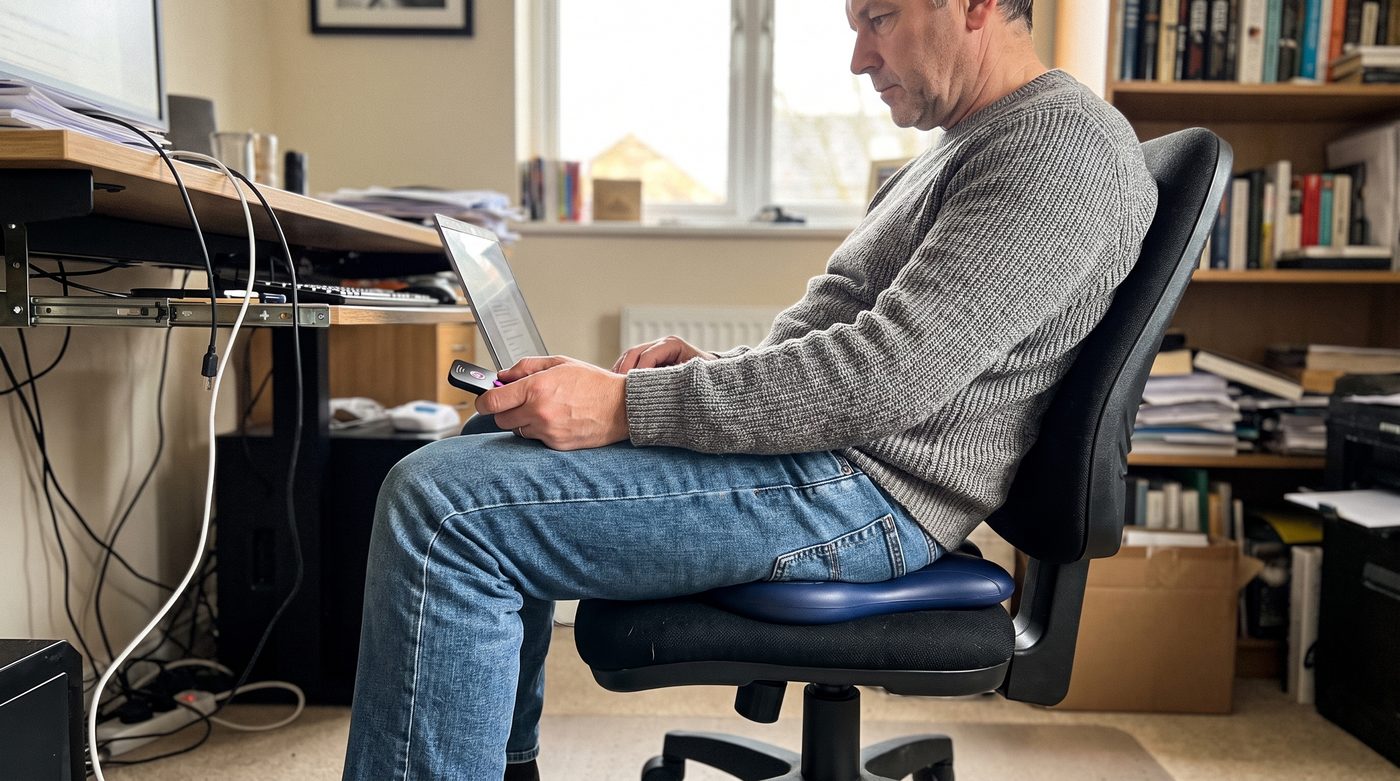 A man working at his desk while sitting on Kegl, remote in hand