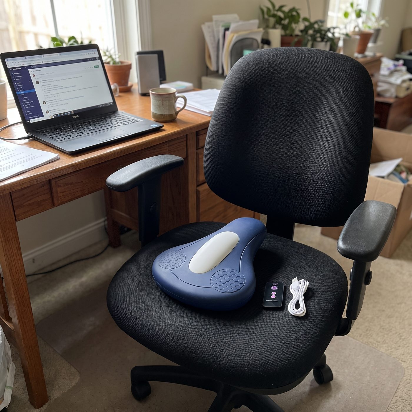 The Kegl pelvic floor trainer seat with its remote control