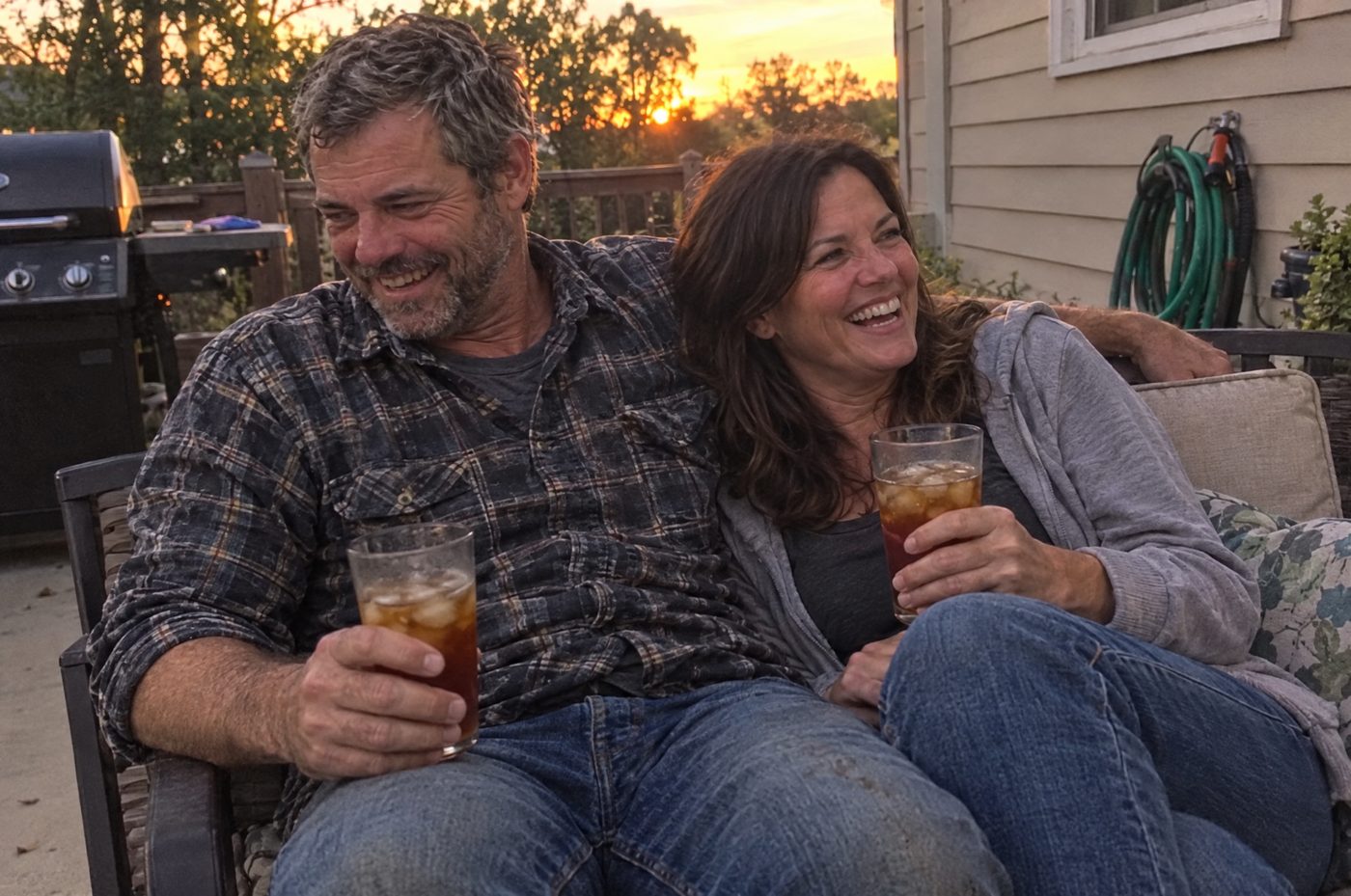Mike and his wife laughing together on their back porch
