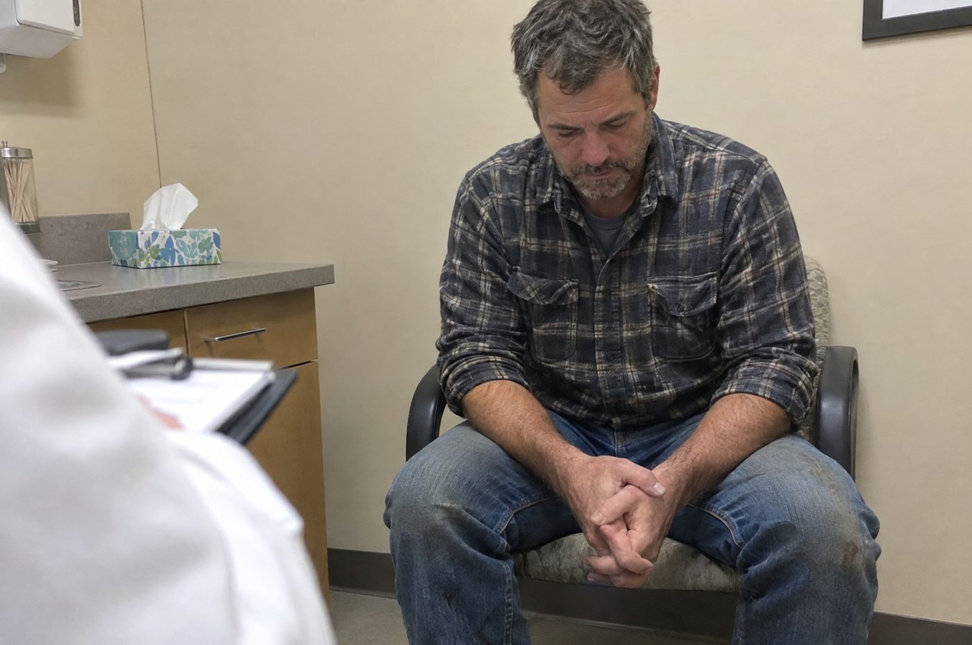 A man in a flannel shirt staring at the floor in a doctor's office