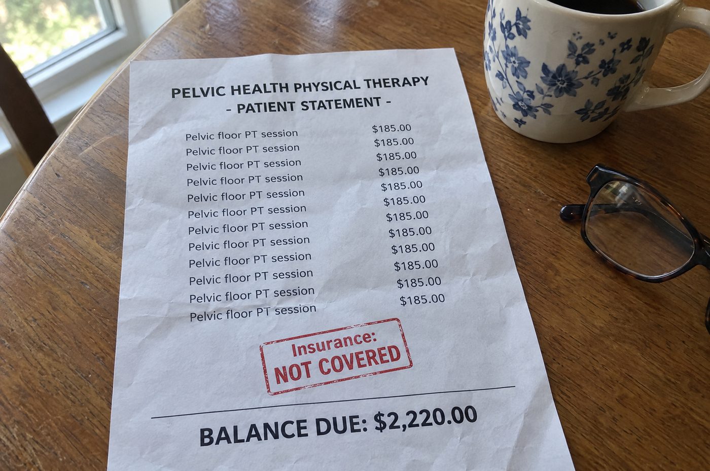A pelvic floor physical therapy patient statement showing $2,220 due, insurance not covered