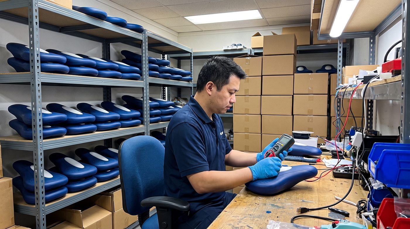 A technician testing Kegl units on a vibration meter before they ship